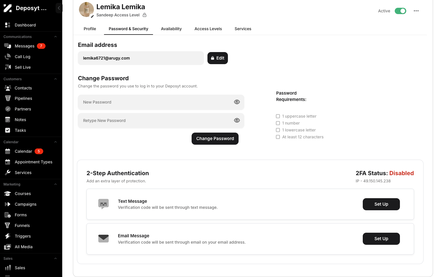 Step 6: Under Password & Security, you can edit the user’s email address and change their password. You can also set up two-step authentication.