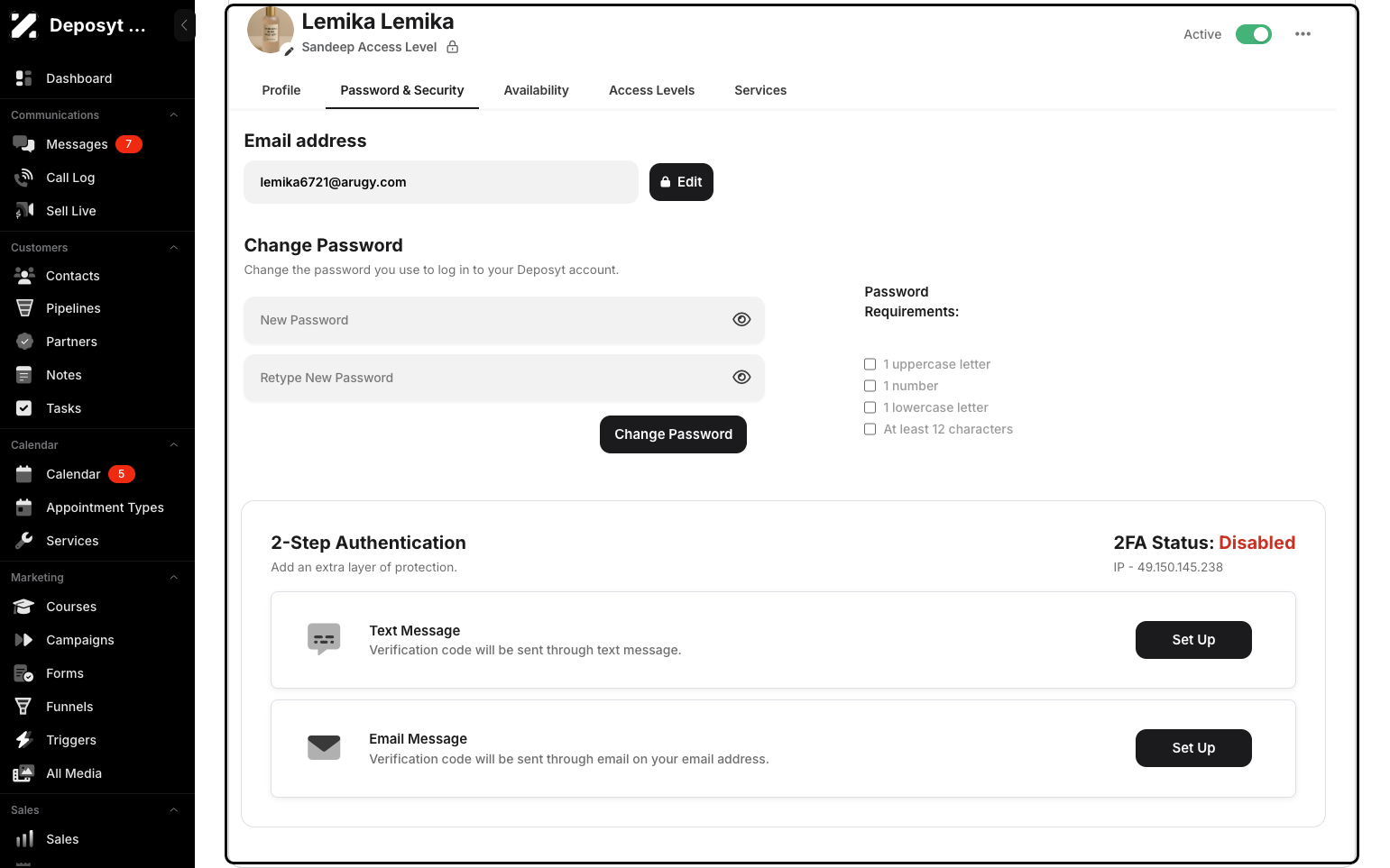 Step 6: Under Password & Security, you can edit the user’s email address and change their password. You can also set up two-step authentication.