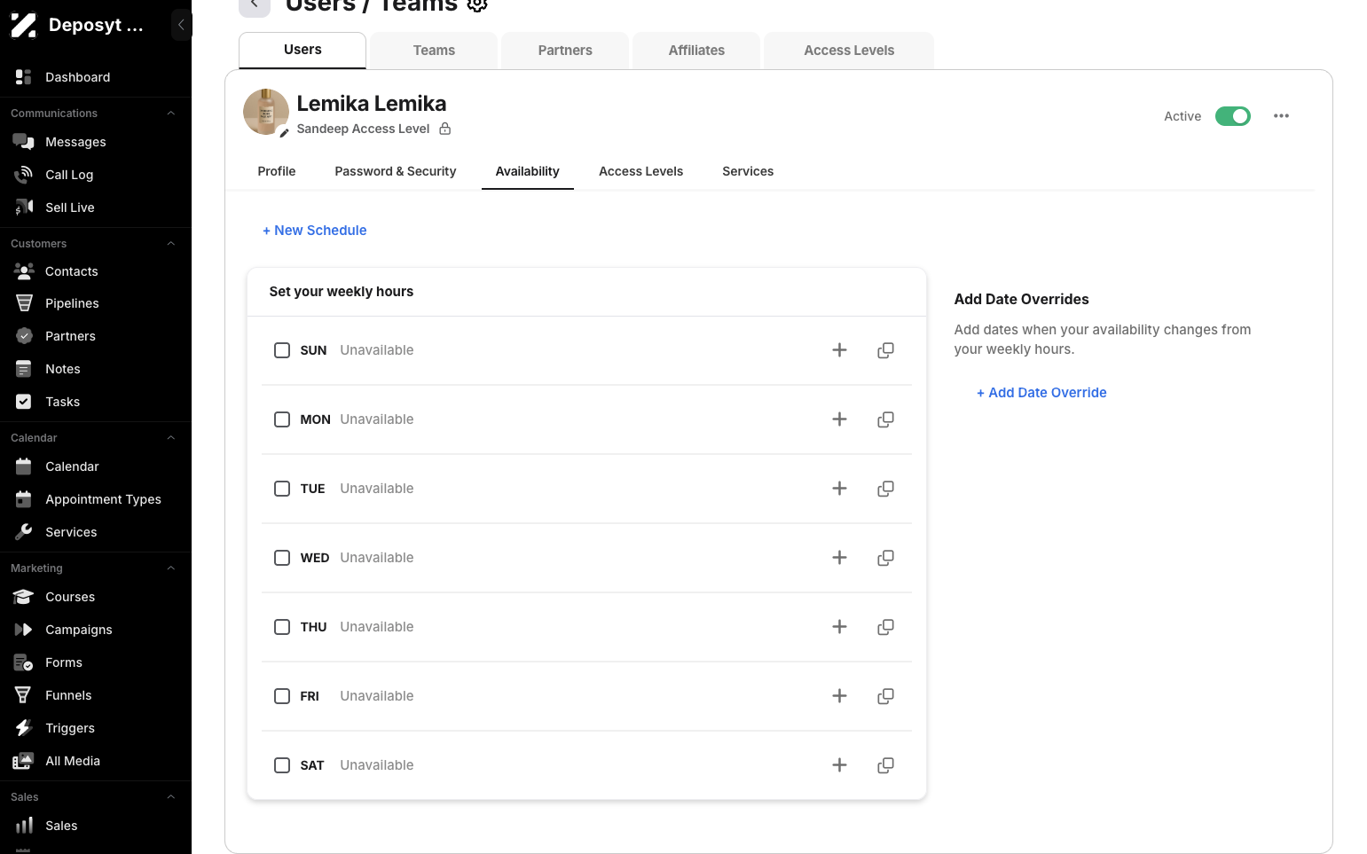 Step 7: Clicking the Availability tab allows you to manage your availability, such as creating a new schedule, editing an existing one, or adding a date override.