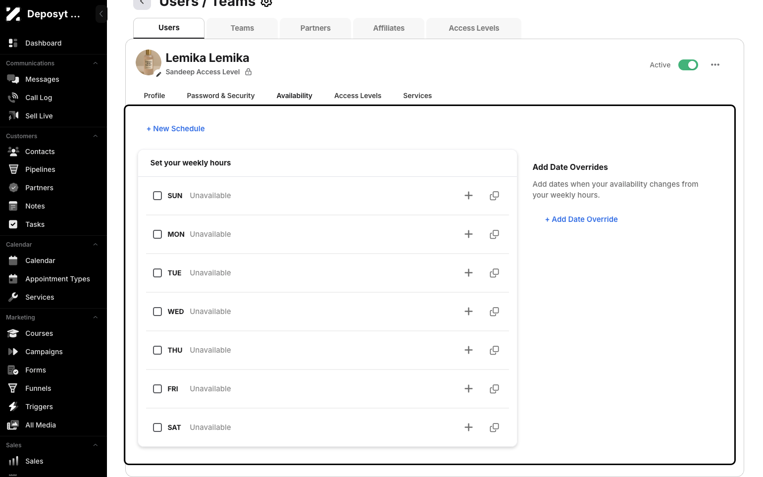 Step 7: Clicking the Availability tab allows you to manage your availability, such as creating a new schedule, editing an existing one, or adding a date override.