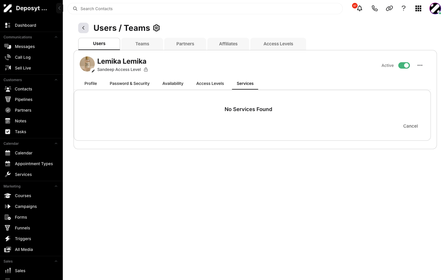 Step 9: Click the Services tab to view and manage the services the user has, if any.