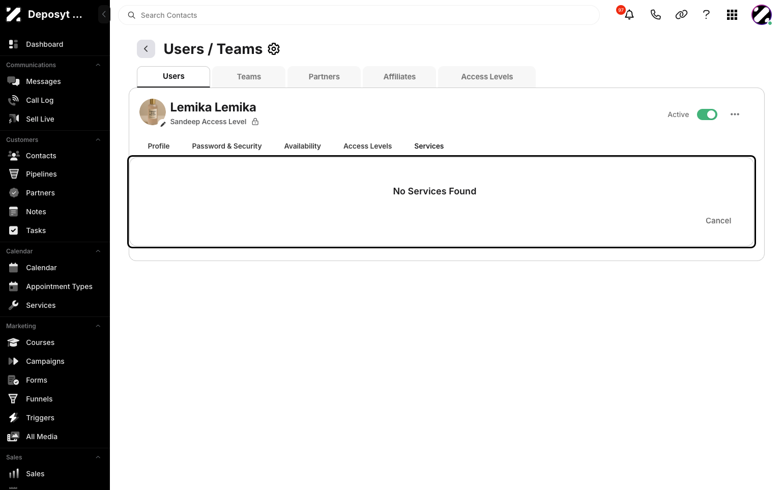 Step 9: Click the Services tab to view and manage the services the user has, if any.