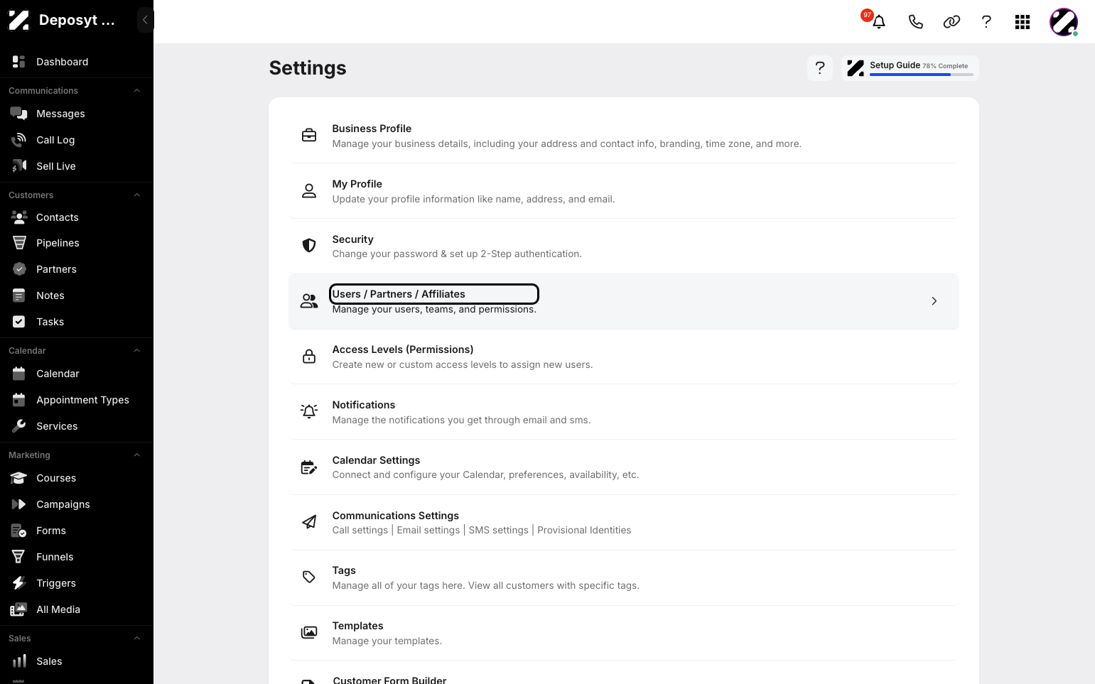 Step 3: You will then be navigated to the Settings page. Click on Users / Partners / Affiliates