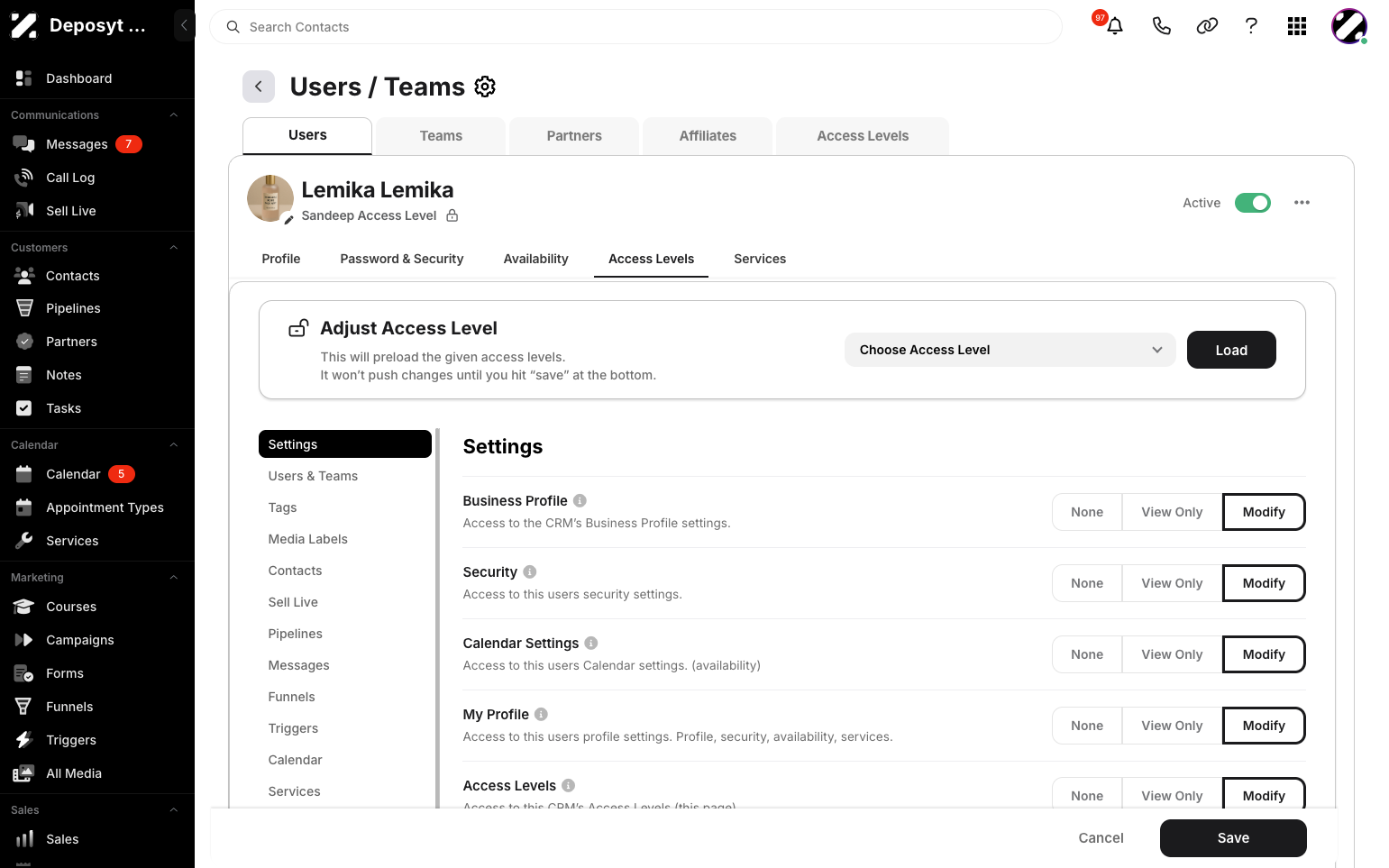 Step 8: Click on the Access Levels tab to manage or edit the user’s access level.