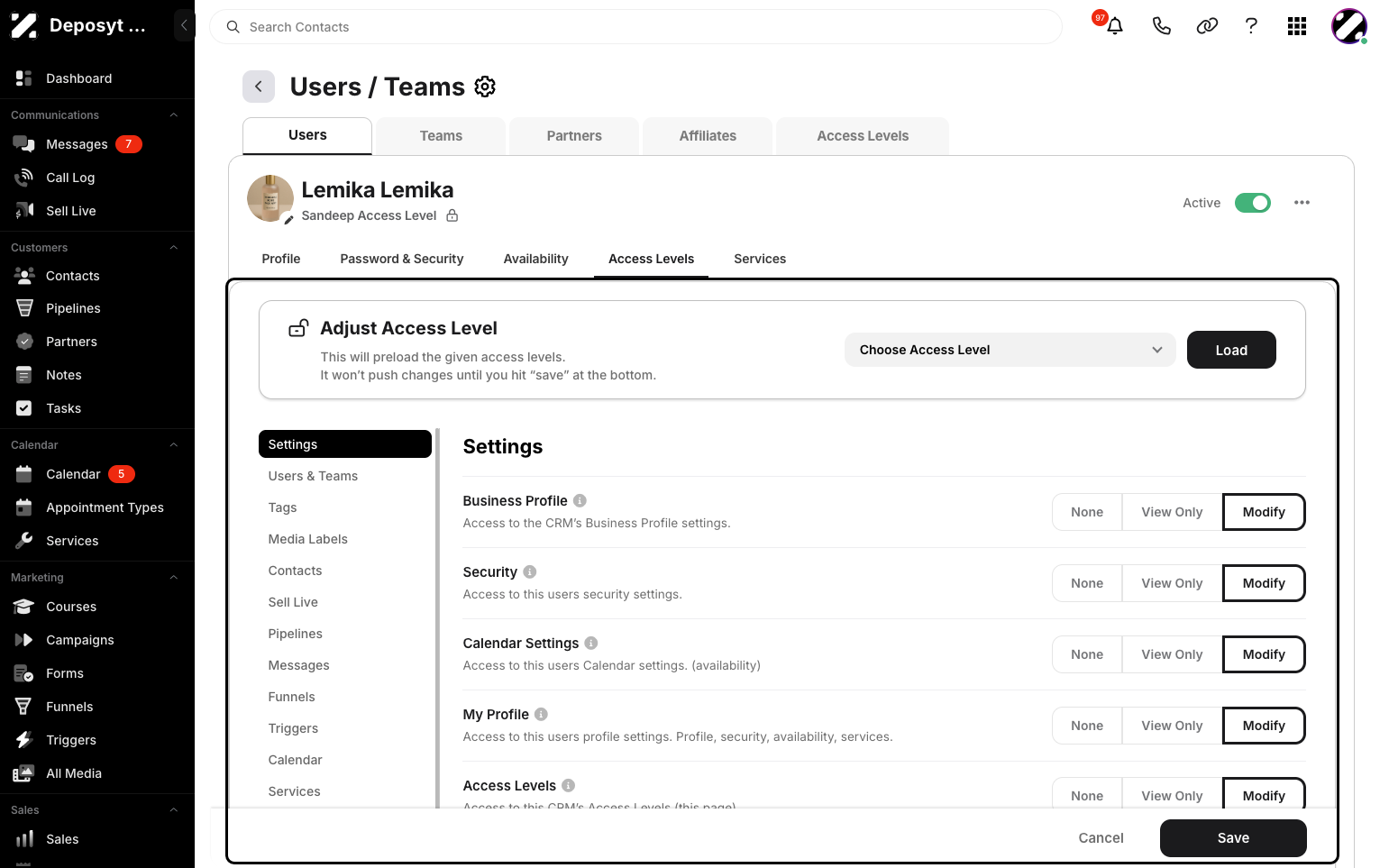 Step 8: Click on the Access Levels tab to manage or edit the user’s access level.