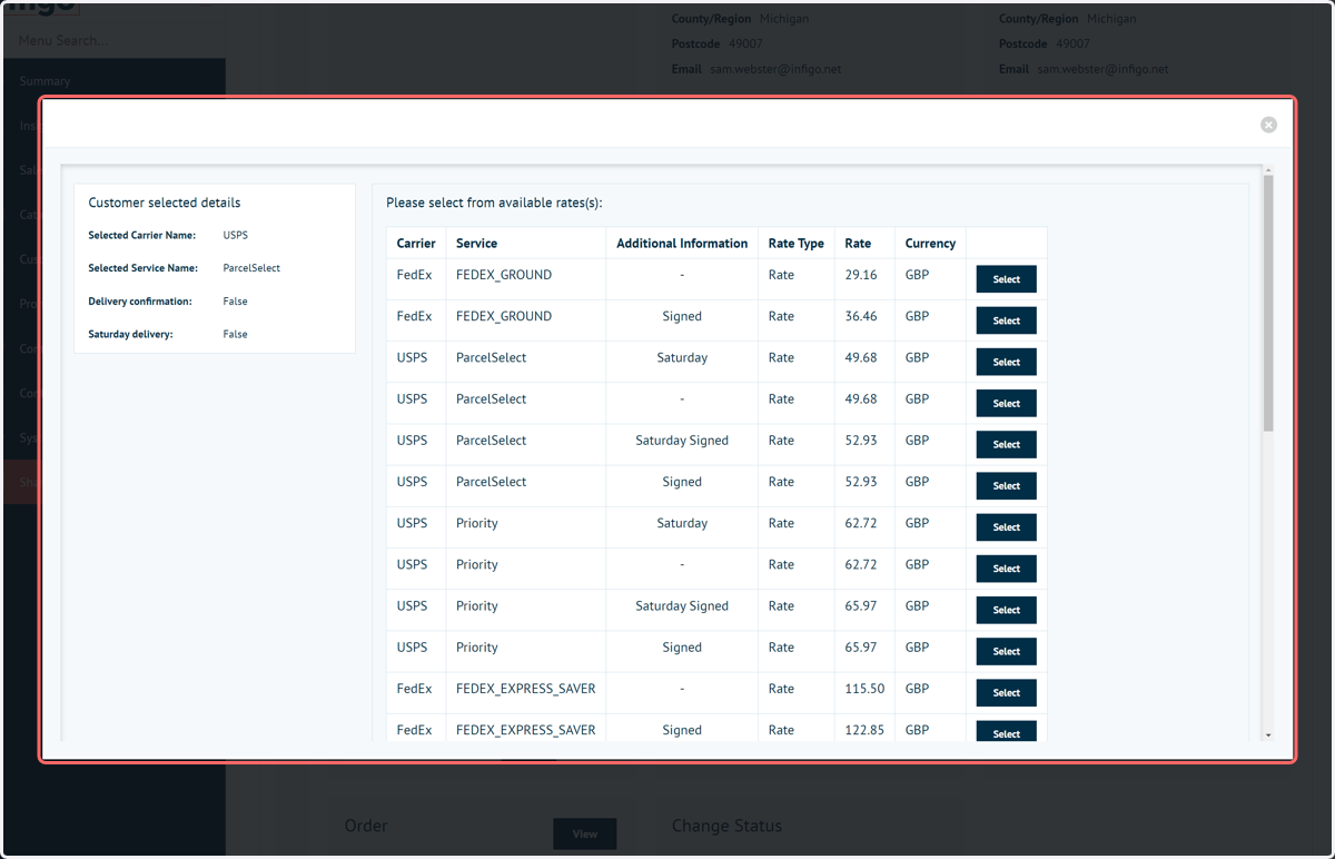 Select from the list of carriers and rates