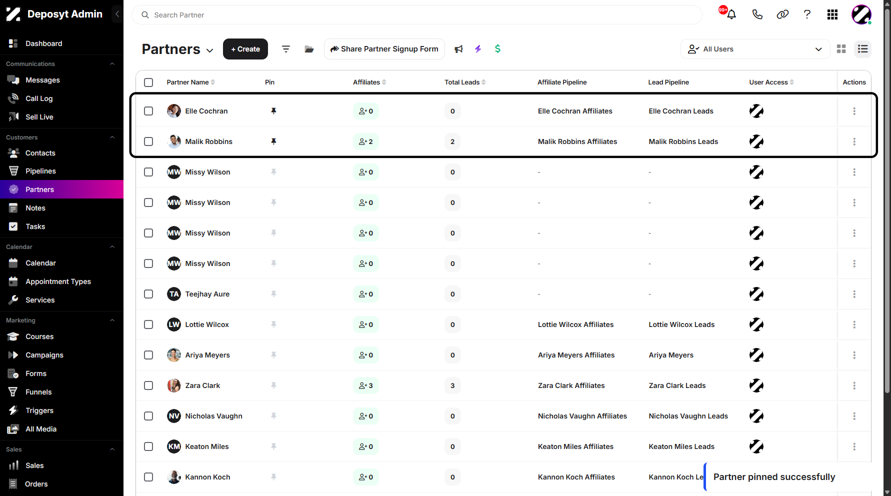 Step 8: You can now view the pinned partner.