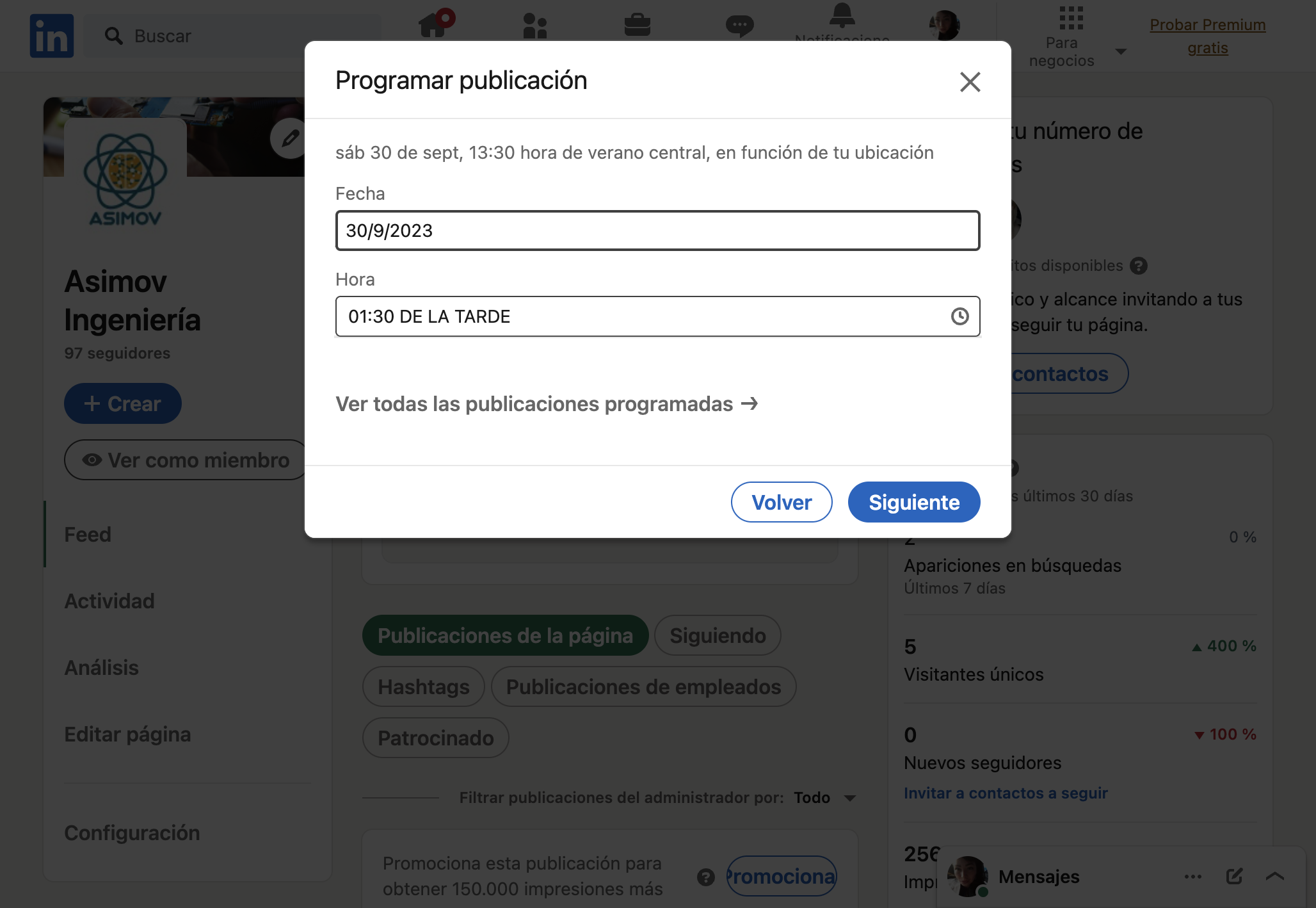 Selecciona la fecha y hora en la cuál quieres programar la publicación