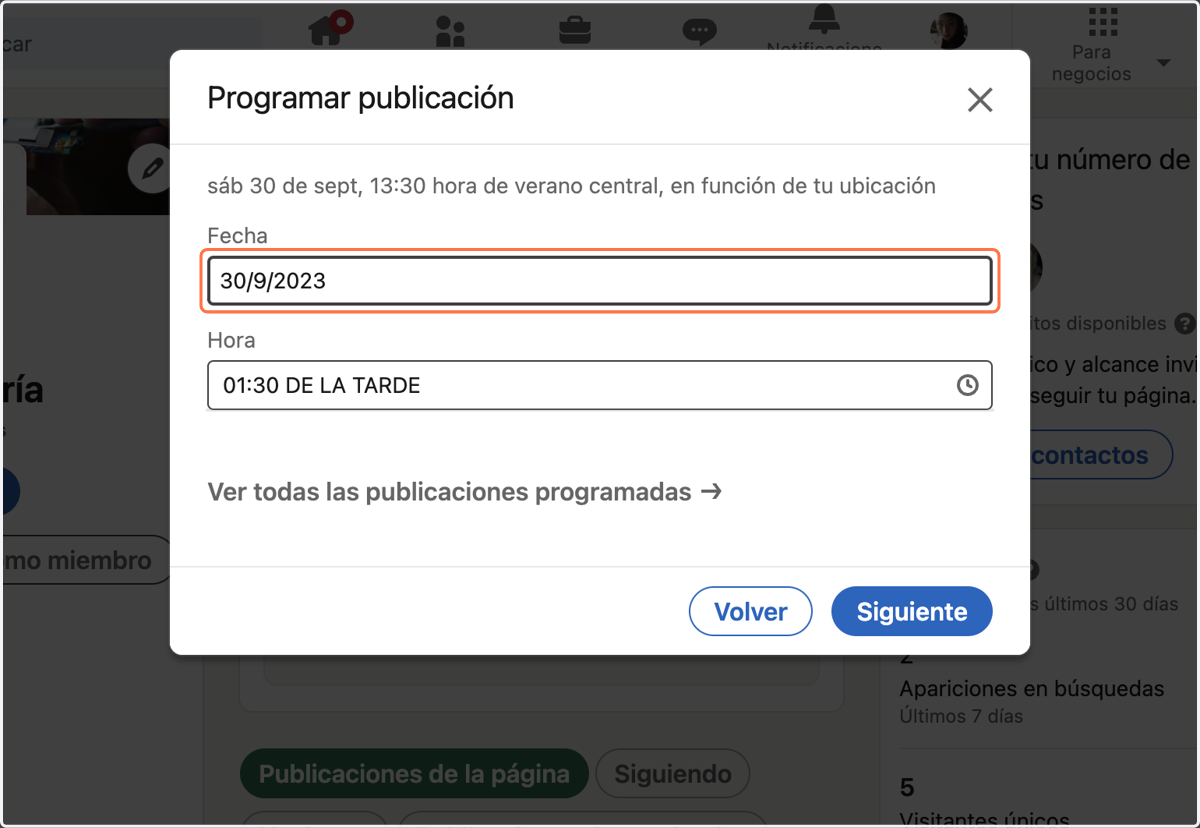 Selecciona la fecha y hora en la cuál quieres programar la publicación