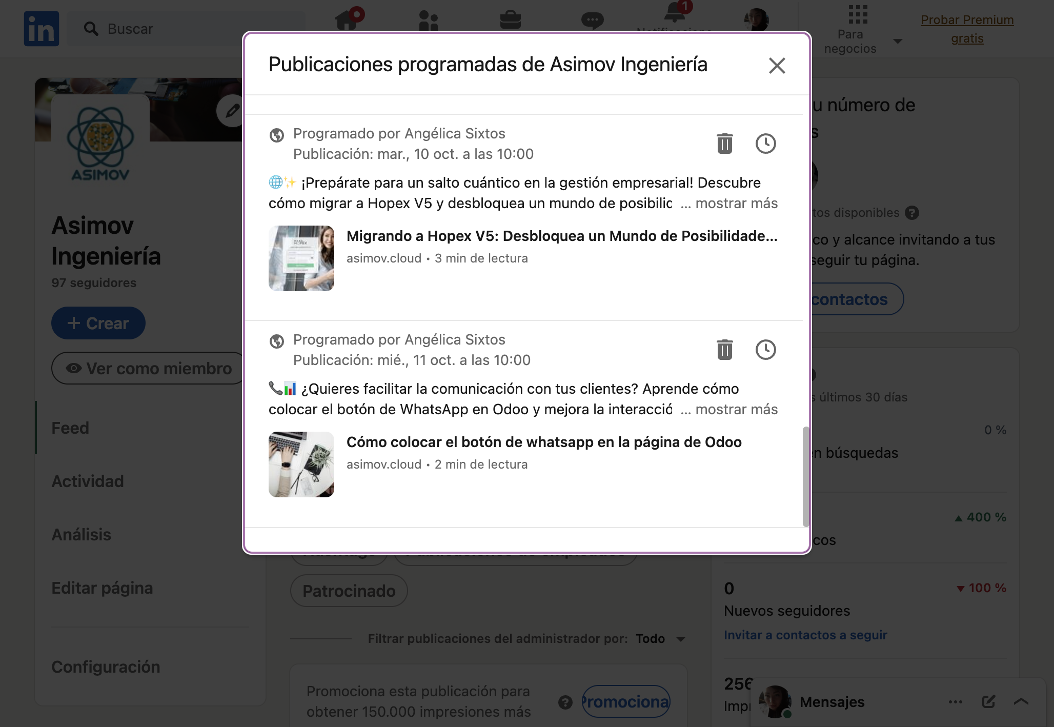 Al dar clic en Ver publicaciones programadas, podrás ver una lista en donde se encontrará la publicación qu eprogramaste