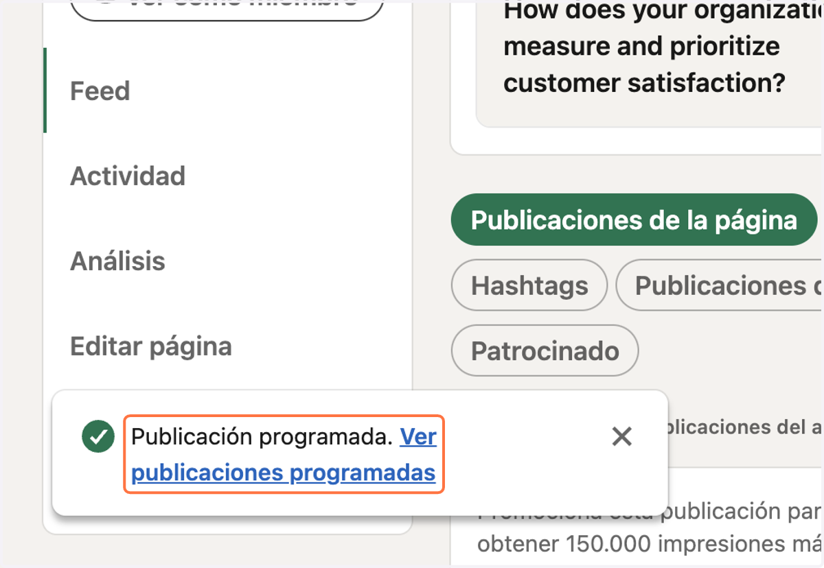 Te aparecerá un mensaje para que puedas Ver publicaciones programadas