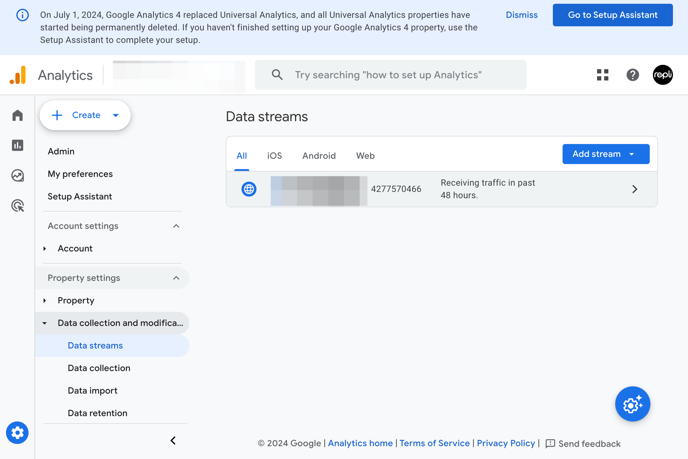 Click on Data streams