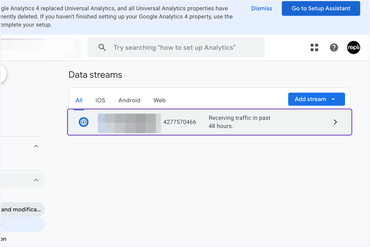 Click on Data streams