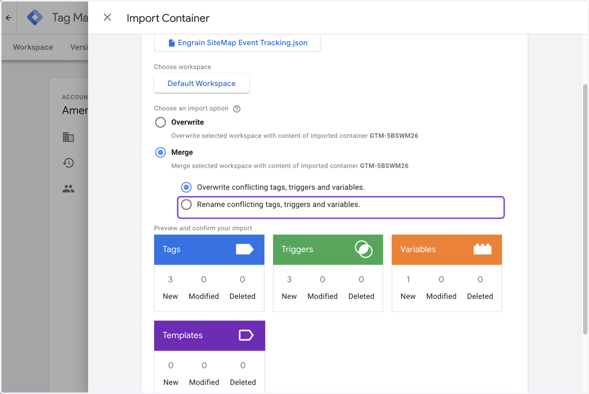 Click on Rename conflicting tags, triggers and variables.