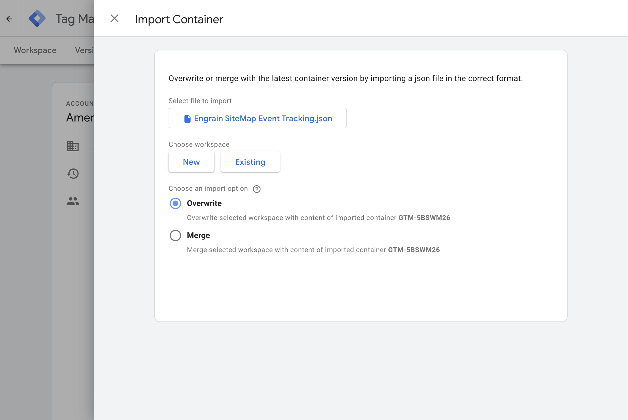 Select "Engrain SightMap Event Tracking.json" from file upload menu