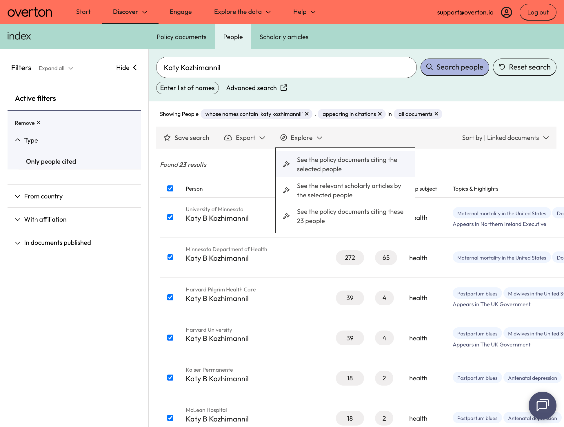 From 'Explore', click 'See the policy documents citing the selected people' to view the citing policy documents for the selected people.