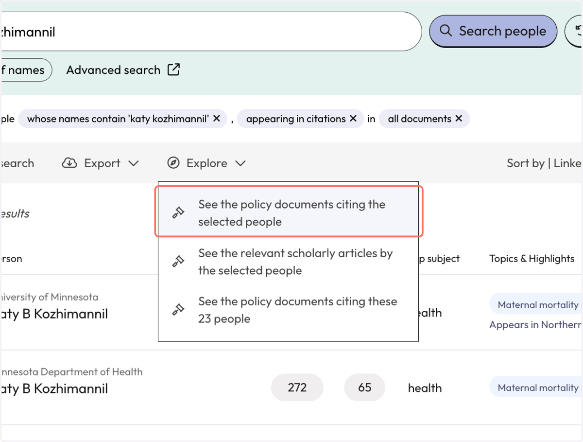 From 'Explore', click 'See the policy documents citing the selected people' to view the citing policy documents for the selected people.