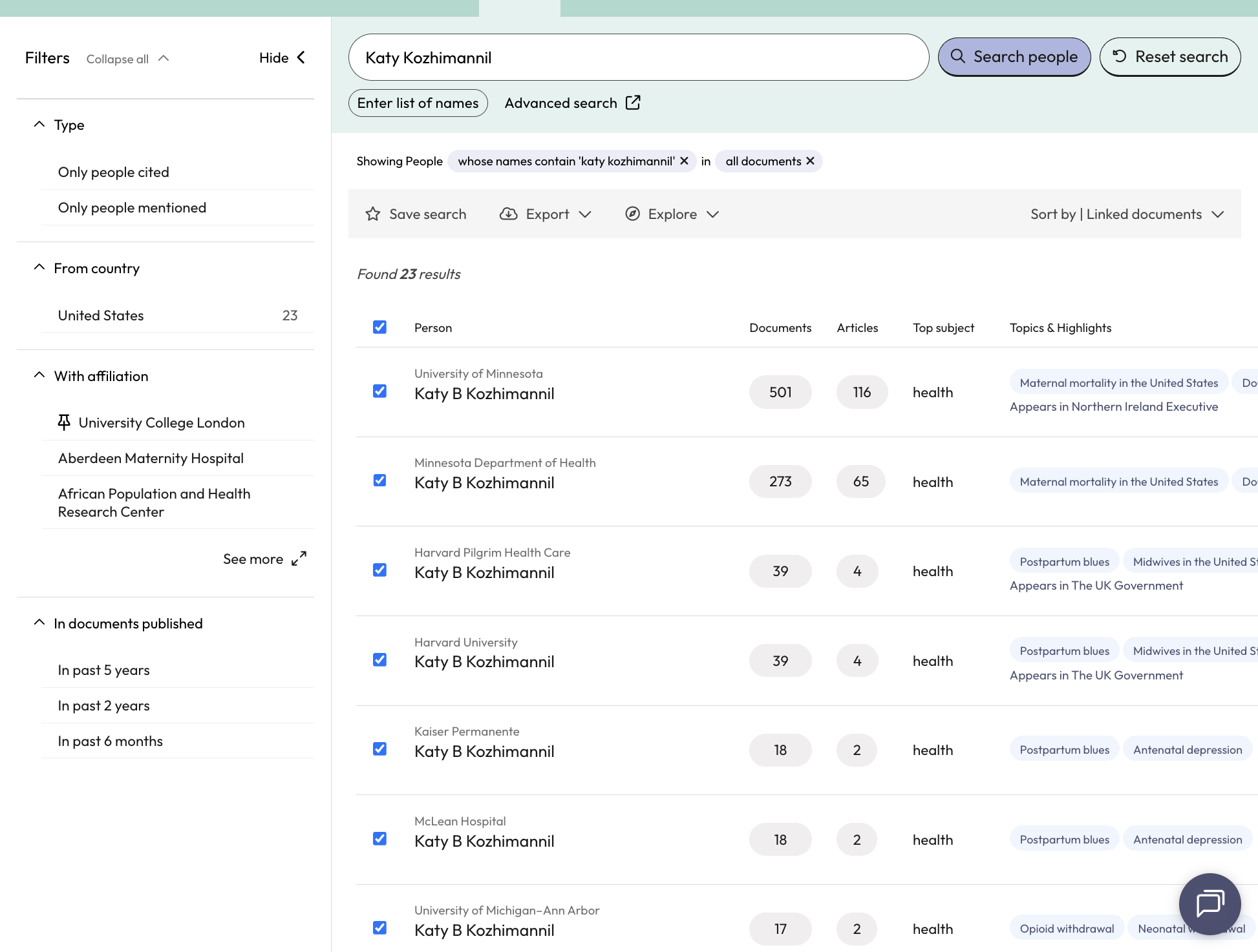 Once your results are selected, use the grey action bar to save the search, export*, or explore results collectively.