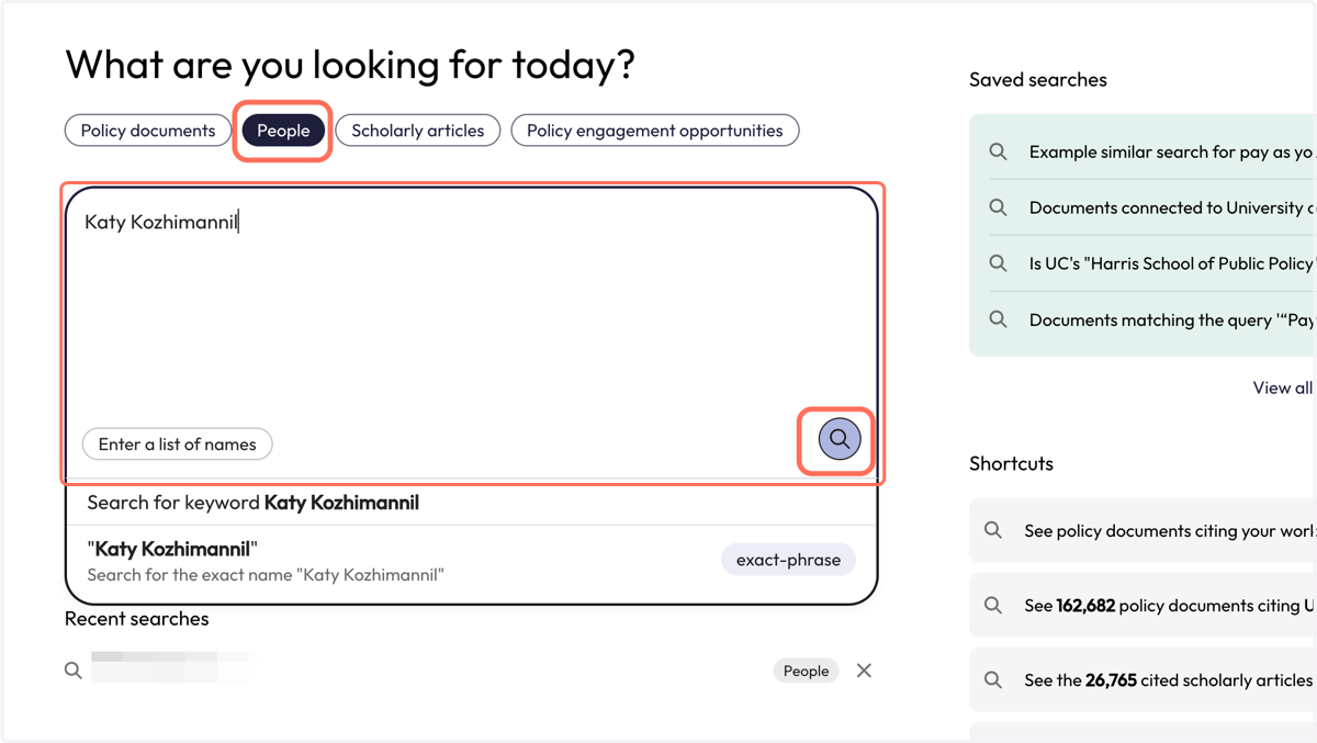 From the 'Start' page, click on 'People' and type your name into the search box. Click the magnifying glass to run the search.