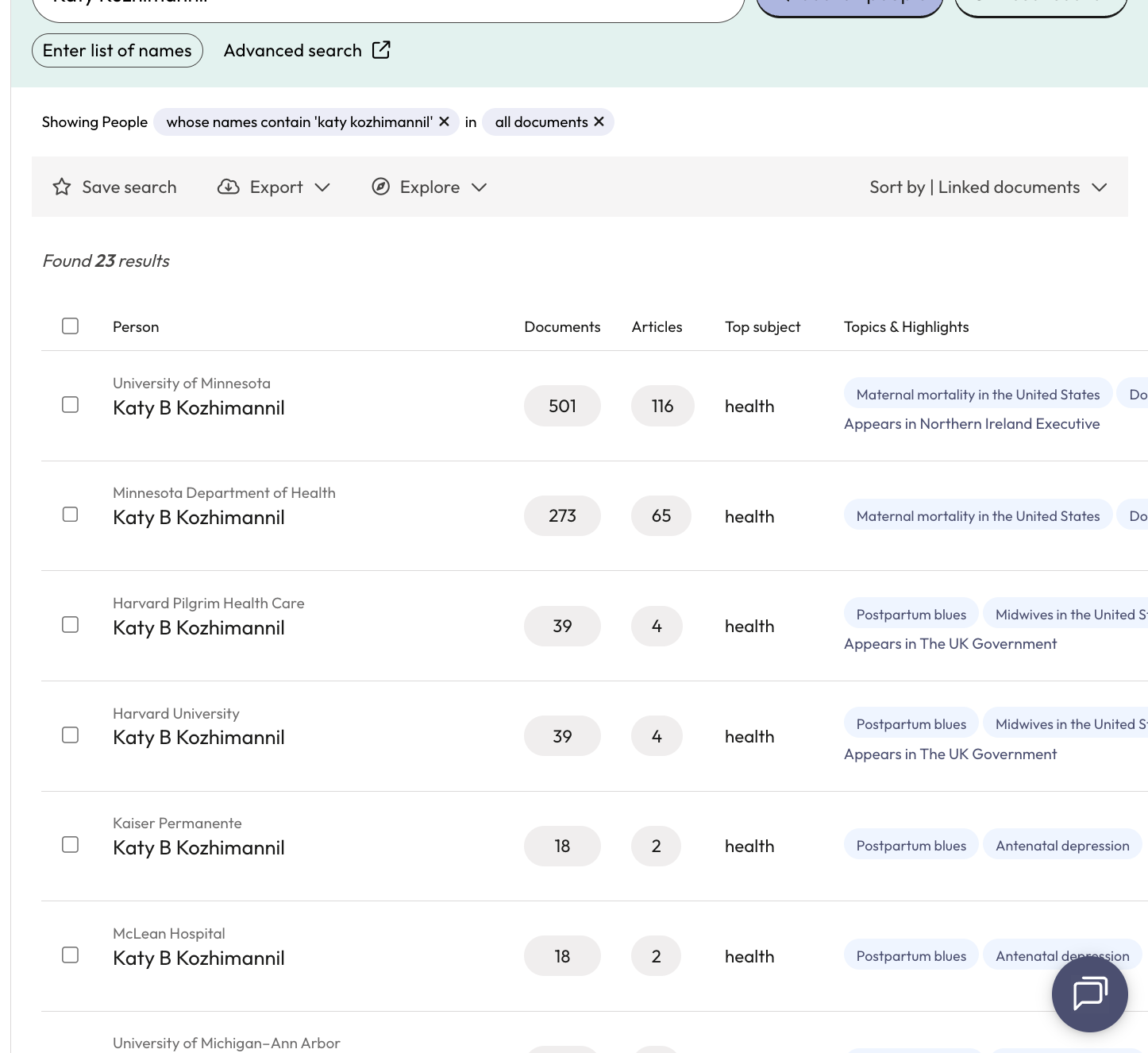 Each result entry includes a name and institutional affiliation pair. A person may have multiple results if they have been affiliated with multiple institutions.