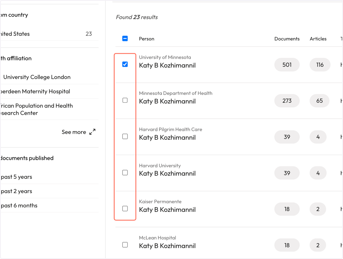 To select specific results, check the box beside the relevant name/affiliation pairs or 'select all' by clicking the check box at the top of the results list.