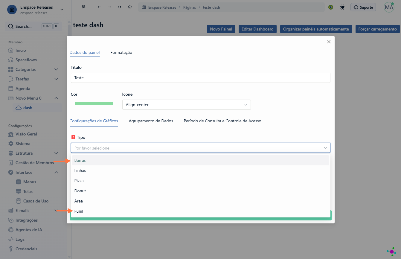 A funcionalidade de configuração avançada de cores está disponível apenas para gráficos do tipo barra e funil. Neste exemplo, usaremos o tipo barra