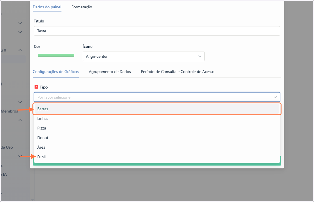 A funcionalidade de configuração avançada de cores está disponível apenas para gráficos do tipo barra e funil. Neste exemplo, usaremos o tipo barra