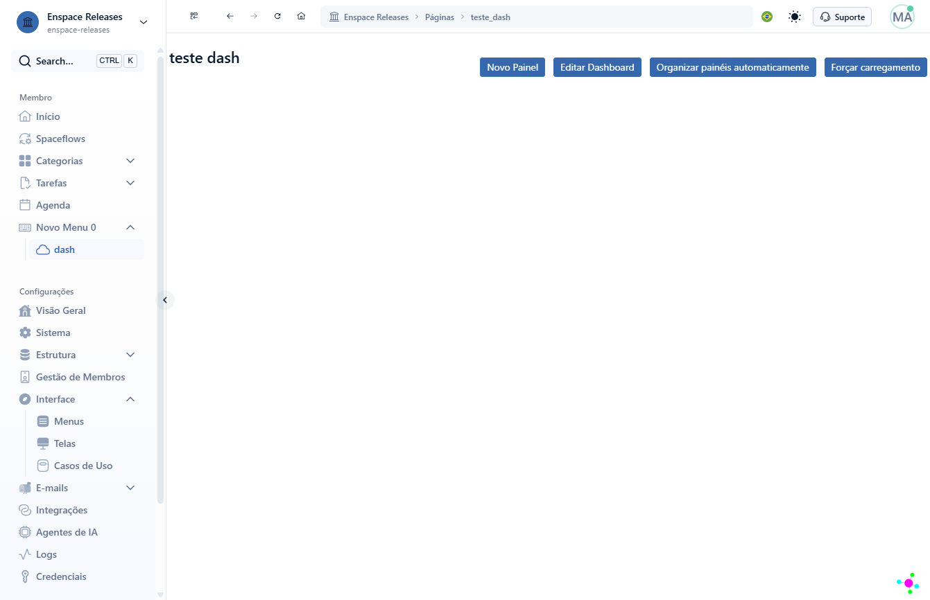 No canto superior direito, clique em Novo Painel para iniciar a criação de um dashboard
