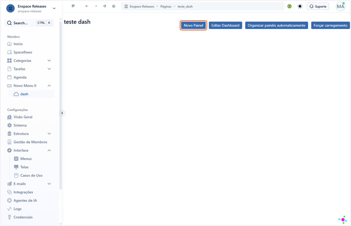 No canto superior direito, clique em Novo Painel para iniciar a criação de um dashboard