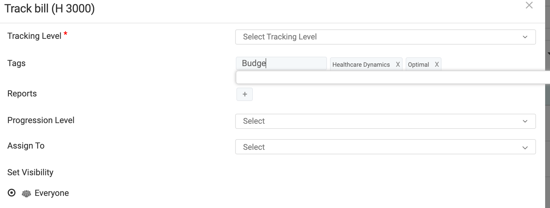 Start typing the keyword or phrase you'd like to associate with the tracked bill(s), and add to your overall list of available tags