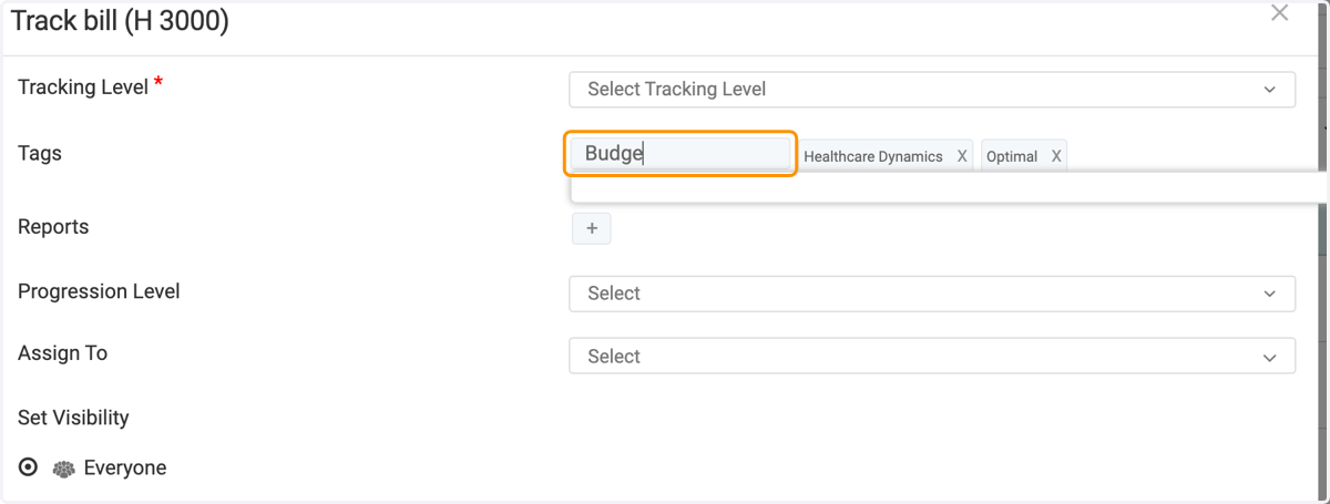 Start typing the keyword or phrase you'd like to associate with the tracked bill(s), and add to your overall list of available tags