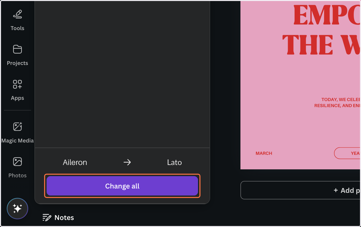 A purple button will pop up that says "change all" select this button.