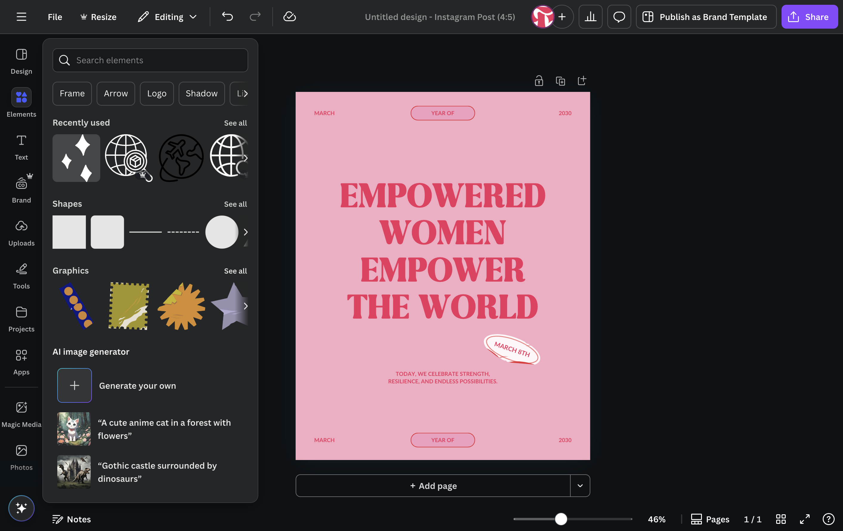 Explore Canva's vast library of stock graphics. You can customize the colors on lot of the graphics, but not all. Some animated graphics can be customized, but not most. Click "see all" to see more graphics in a category.