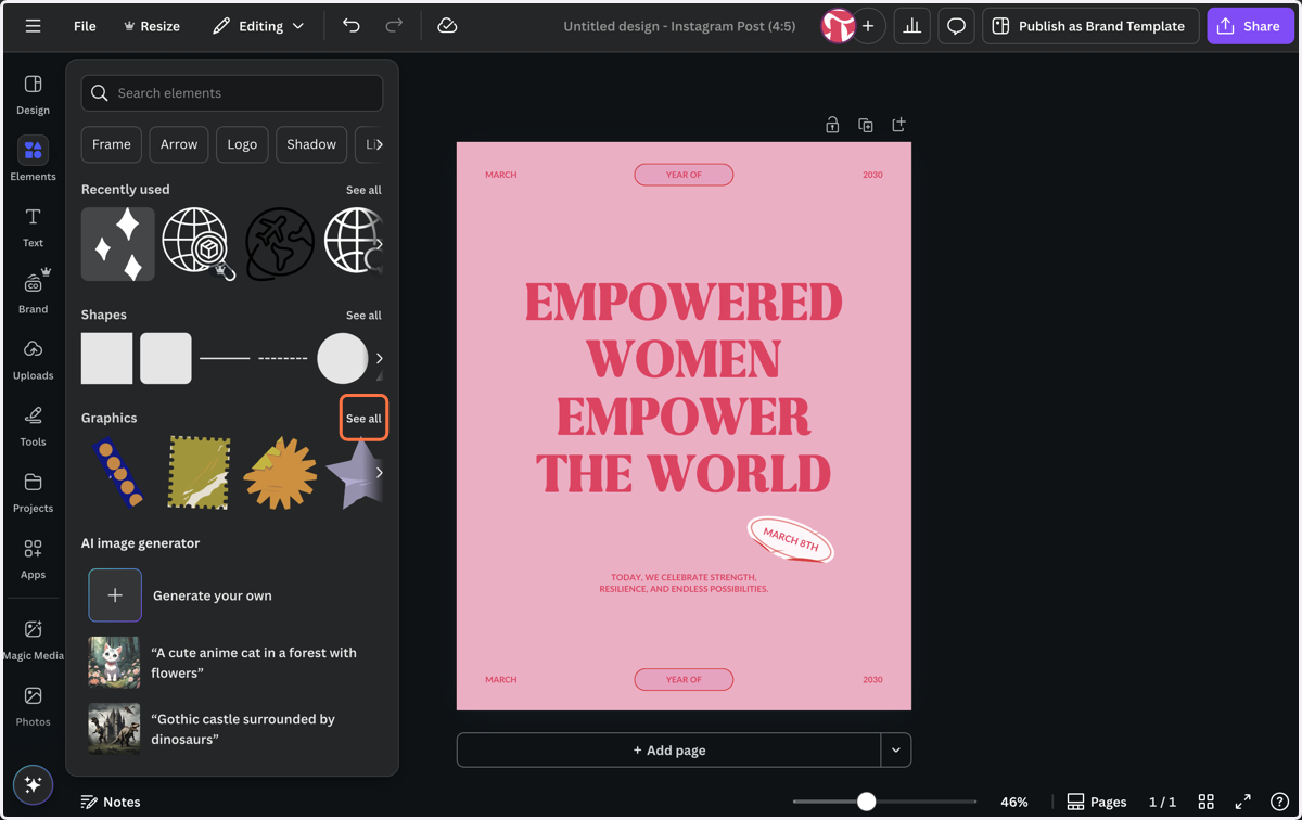 Explore Canva's vast library of stock graphics. You can customize the colors on lot of the graphics, but not all. Some animated graphics can be customized, but not most. Click "see all" to see more graphics in a category.