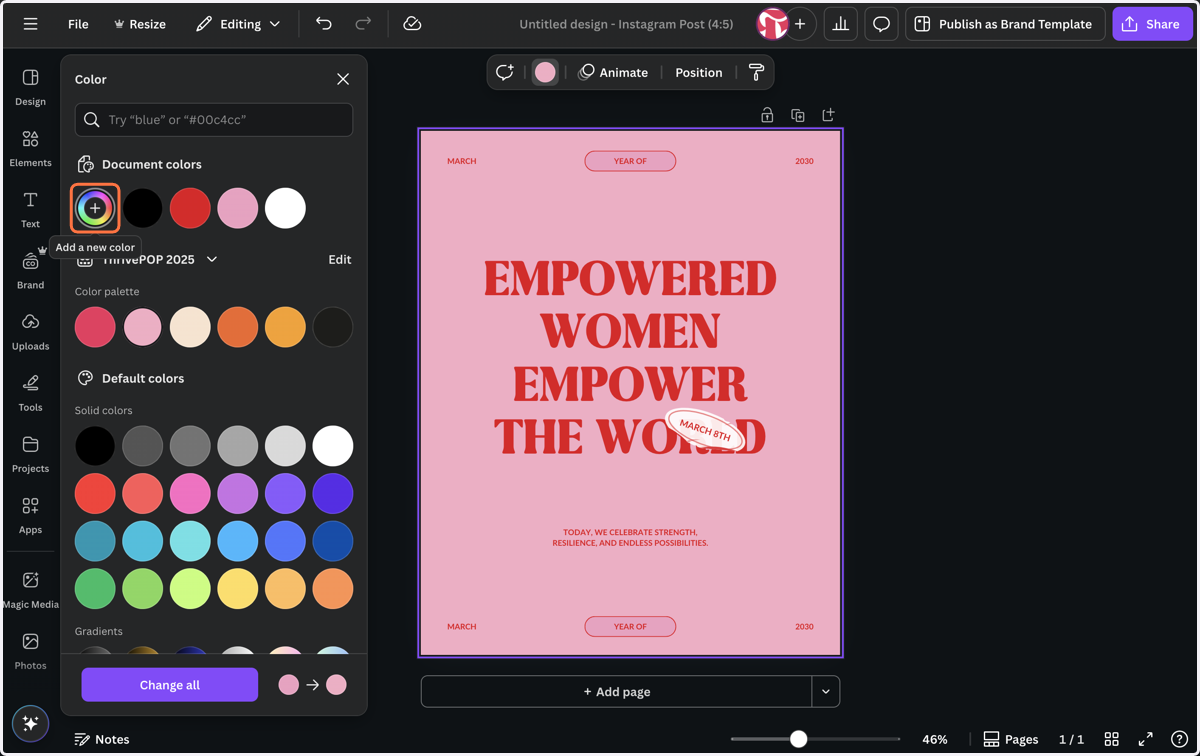 You can also click the color wheel to select a custom color. Here you can drag and drop on the color chart or paste a hex code.