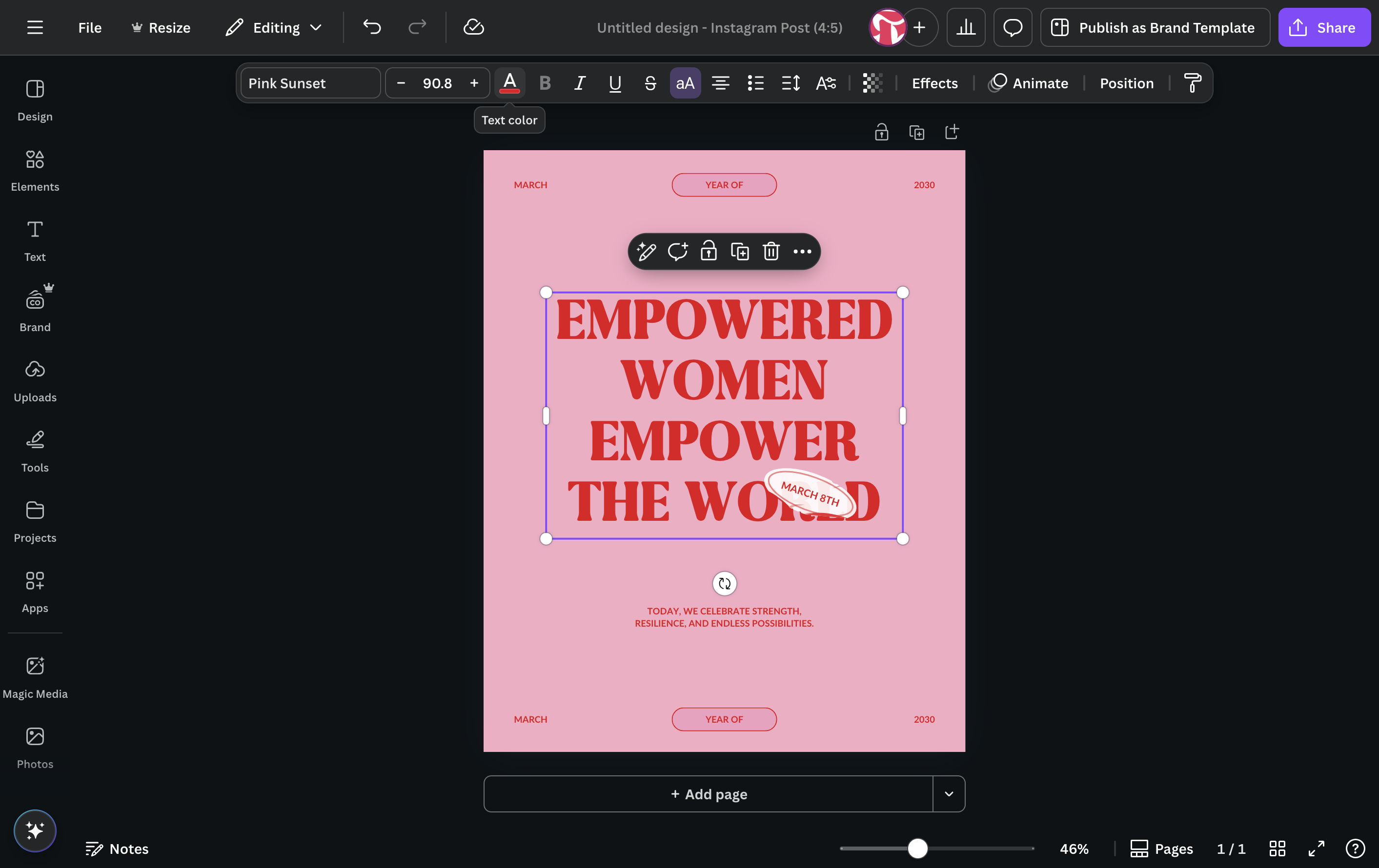You can change all instances of a color in a design at once. Click on the color in the task bar.