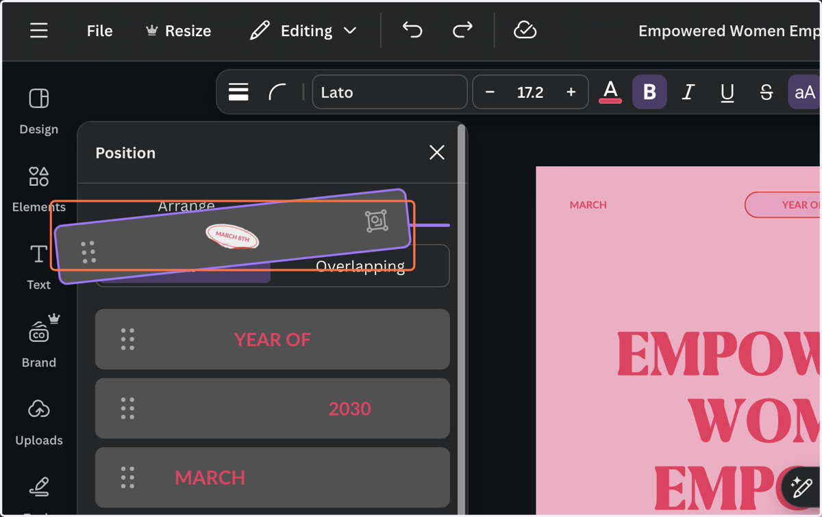 Relayer items by dragging and dropping them in the layer menu or move forward and backward unnder the "position" tab.