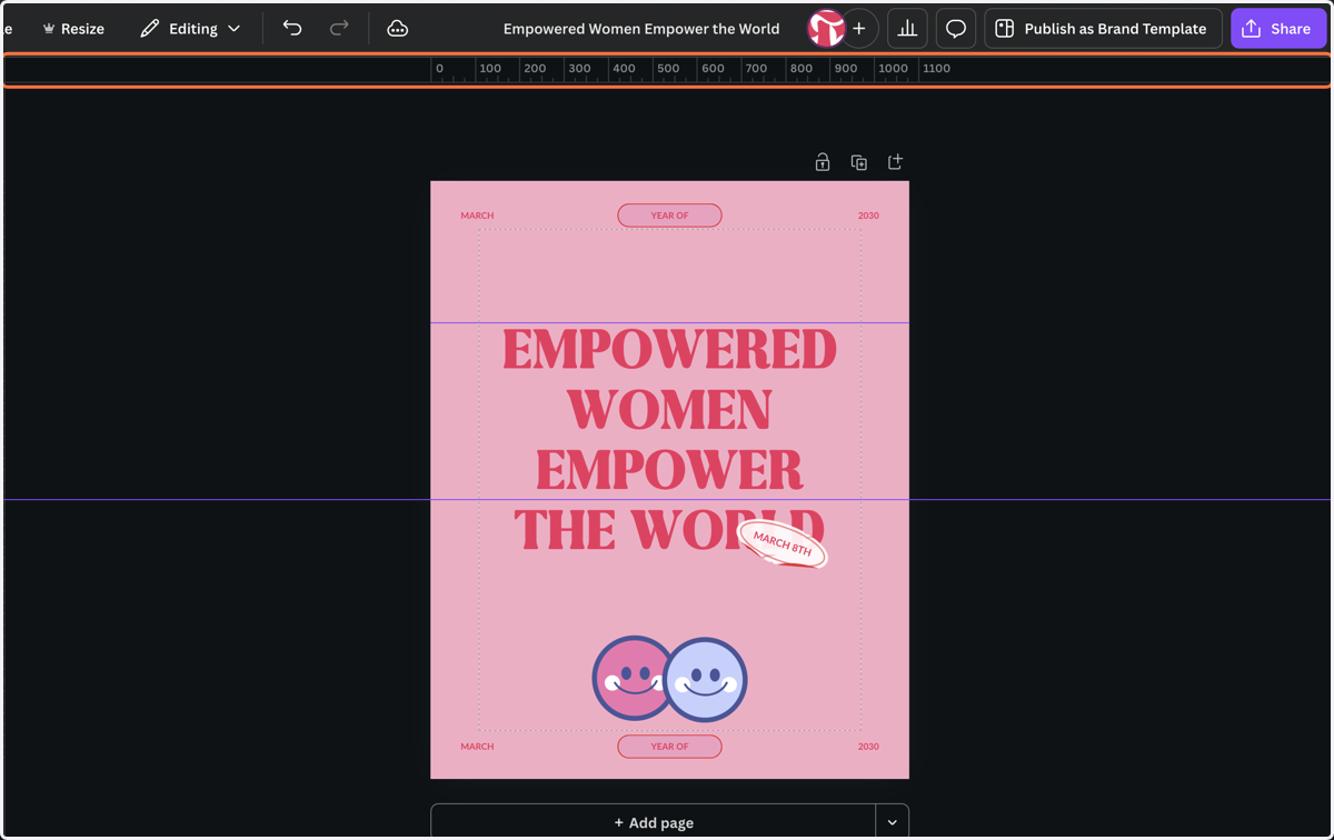 Click and drag from one of the rulers onto your canvas to add a guide. Items on the canvas will snap to these guides when dragged near them. This will make it easier to make sure that your text and graphic elements are aligned.