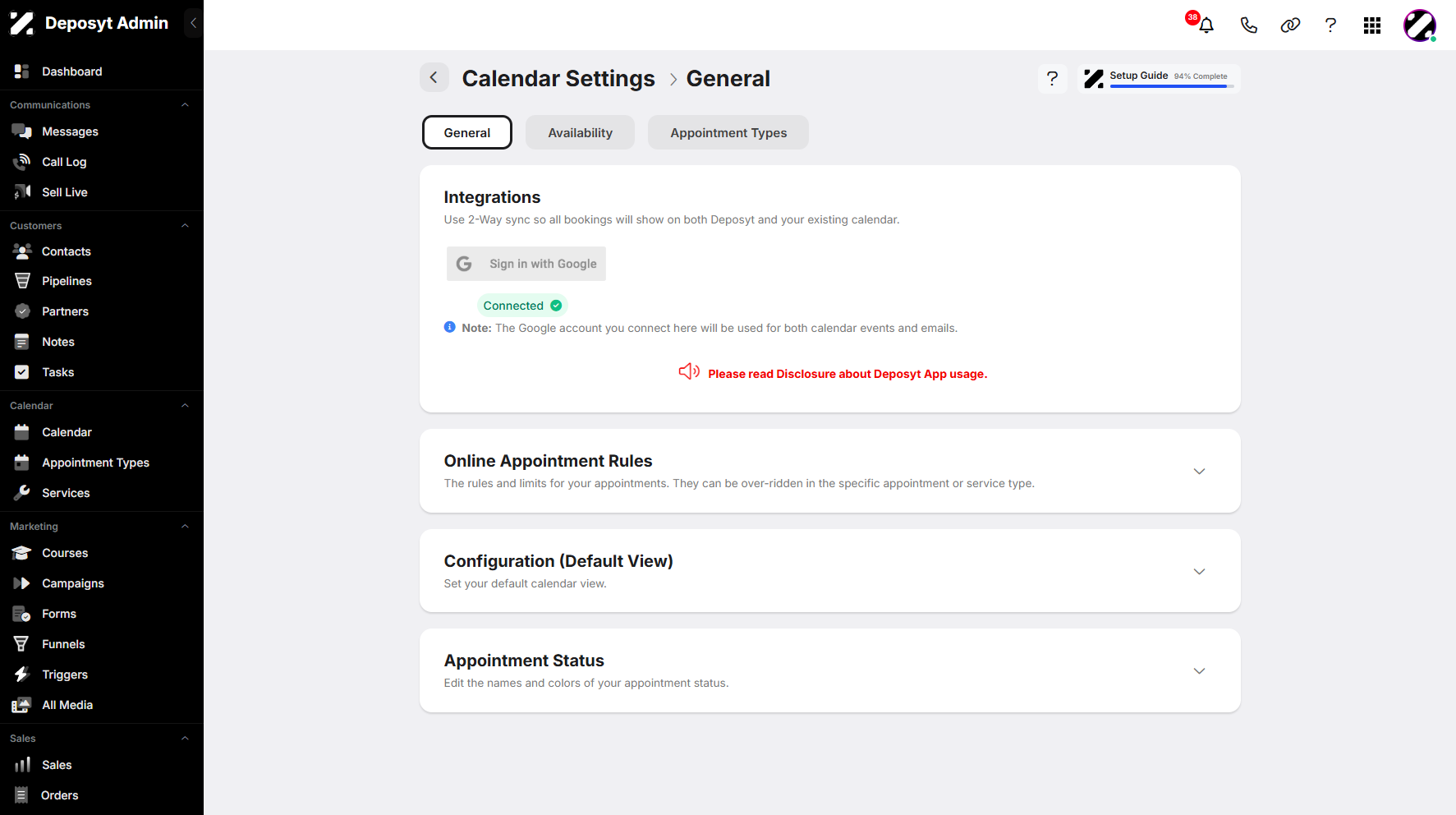 Step 4: You will be taken to the Calendar Settings.
