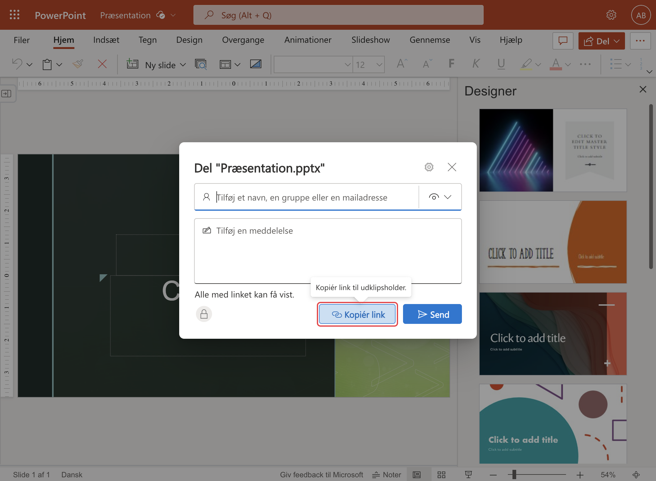 A dialog box in PowerPoint for sharing 'Presentation.pptx', with options to enter a name or email, add a message, and a highlighted 'Copy link' button.