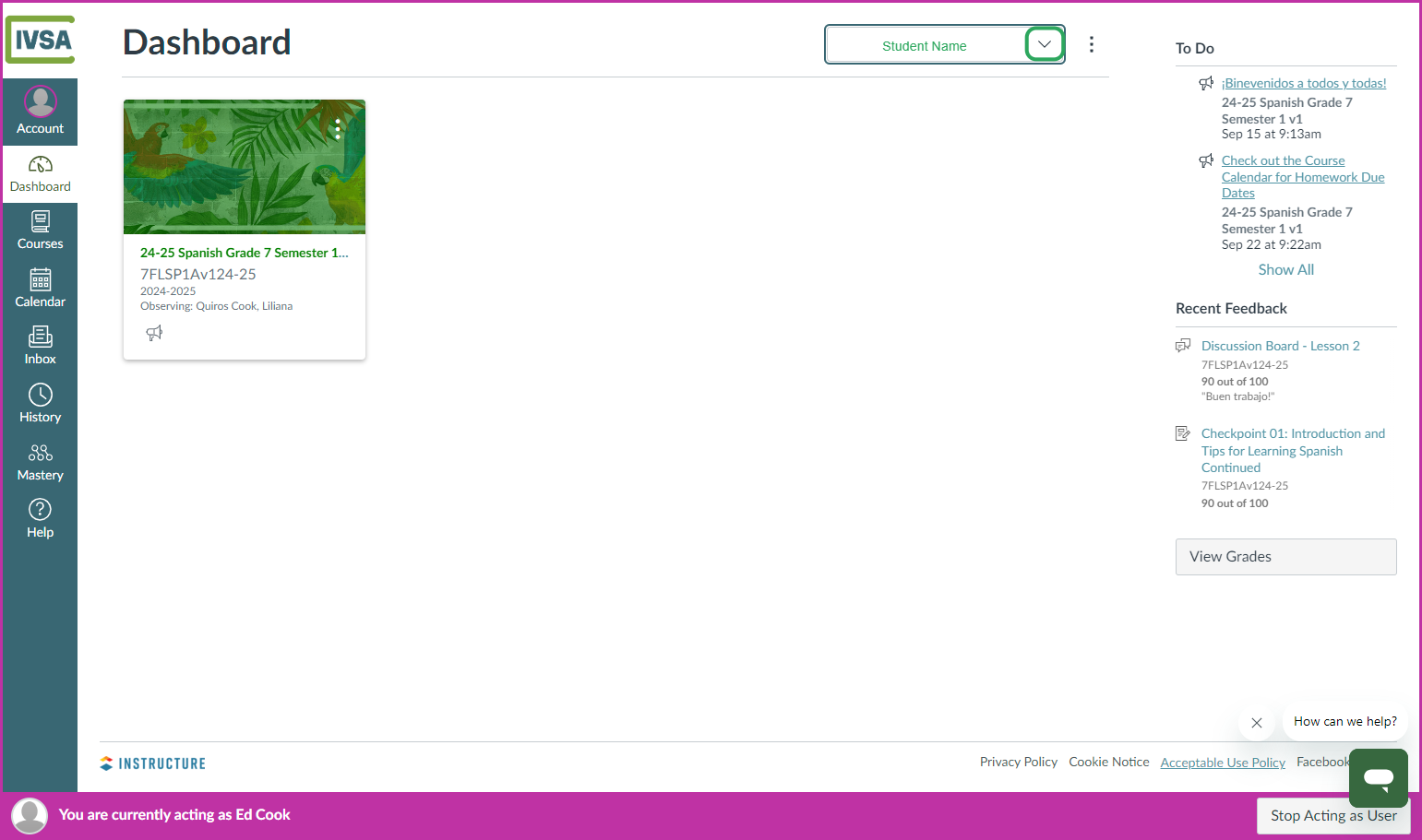 To add more students, Click the down arrow next to your student's name at the top of the page.