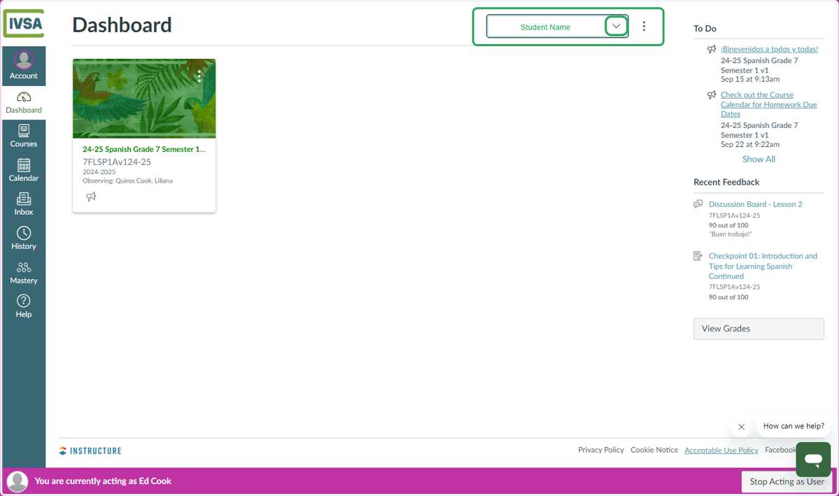 To add more students, Click the down arrow next to your student's name at the top of the page.