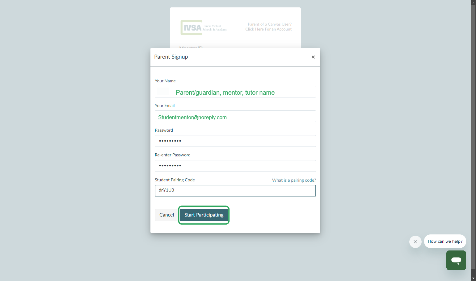 Complete the signup form and enter the pairing code at the bottom, then click Start Participating