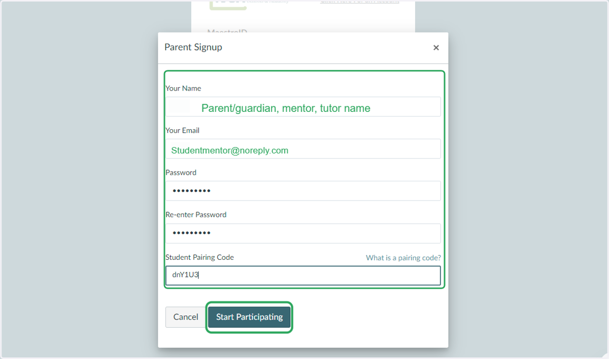 Complete the signup form and enter the pairing code at the bottom, then click Start Participating