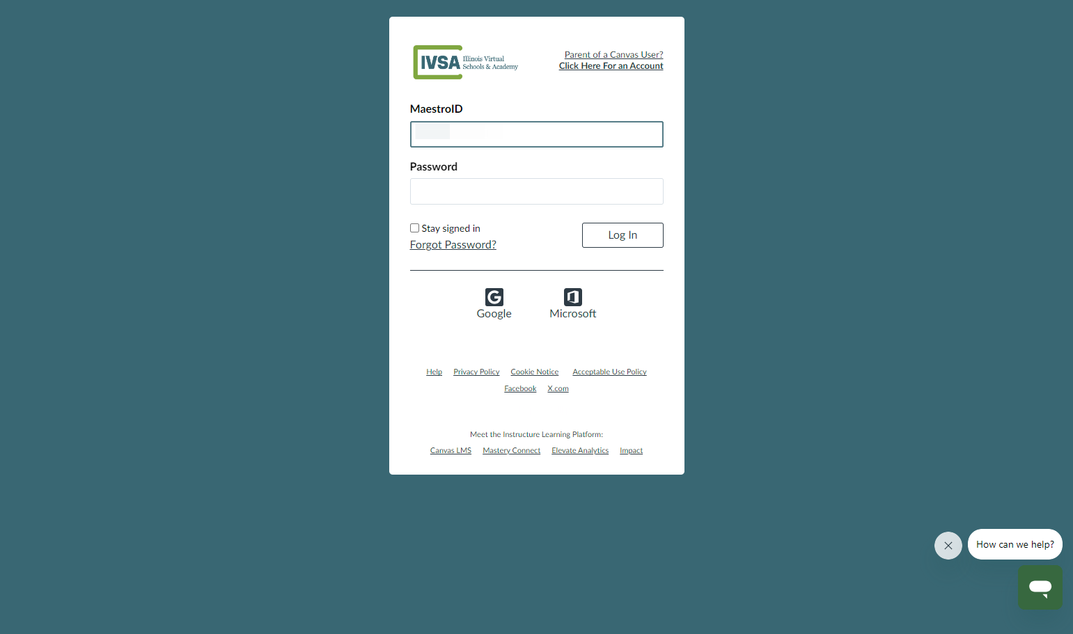 Go to: https://ivsa.instructure.com/login/canvas and click on Click Here for An Account