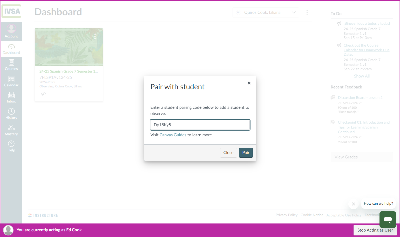 Enter the pairing code generated from the student account