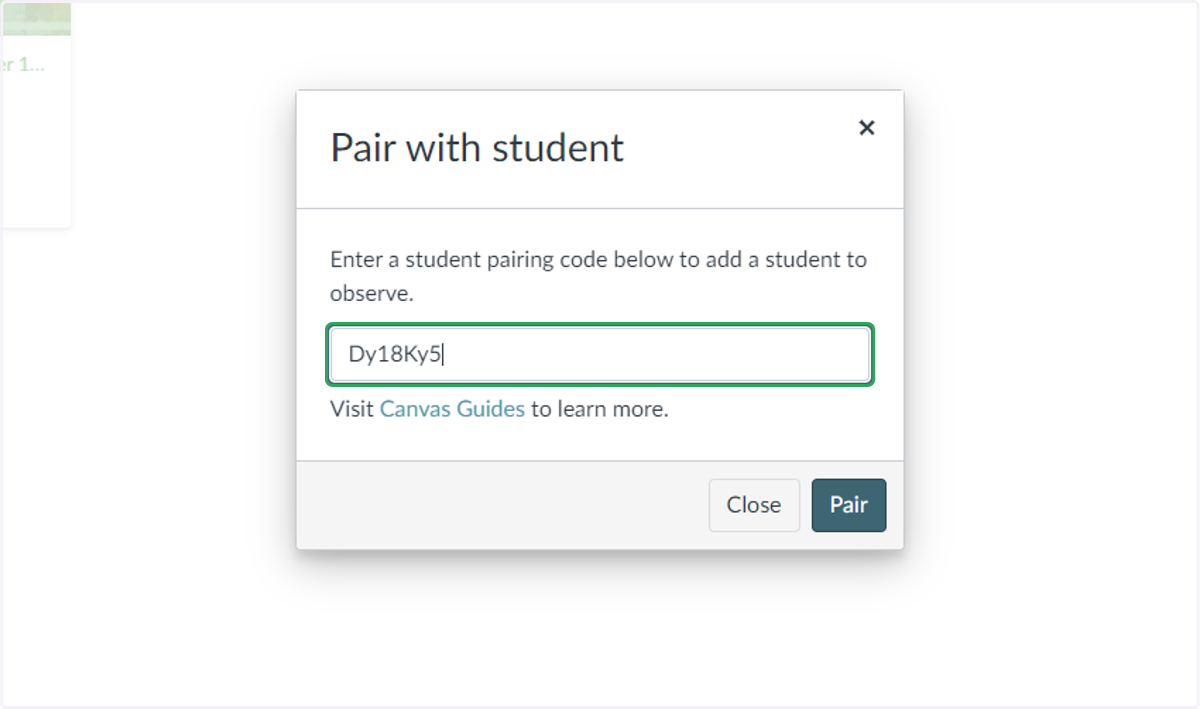 Enter the pairing code generated from the student account
