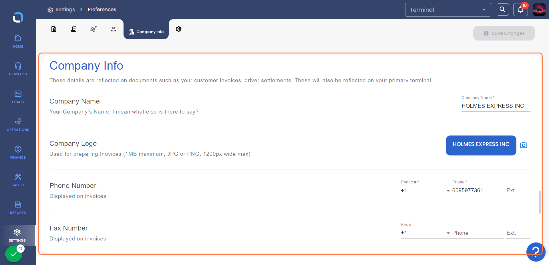 Under Company Info, you can add Company Preferences