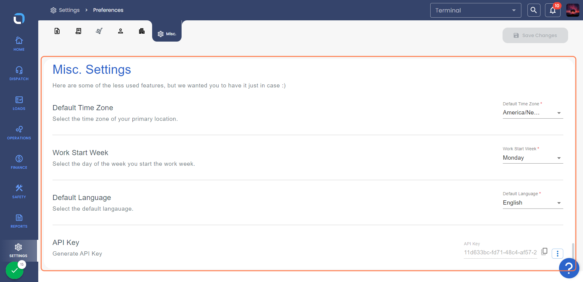 Under Misc. Settings, you can set Default Time Zone, Work Start Week, Default Language and Generate API Key.