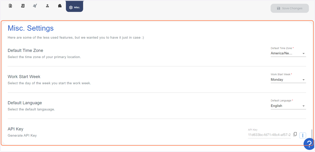 Under Misc. Settings, you can set Default Time Zone, Work Start Week, Default Language and Generate API Key.